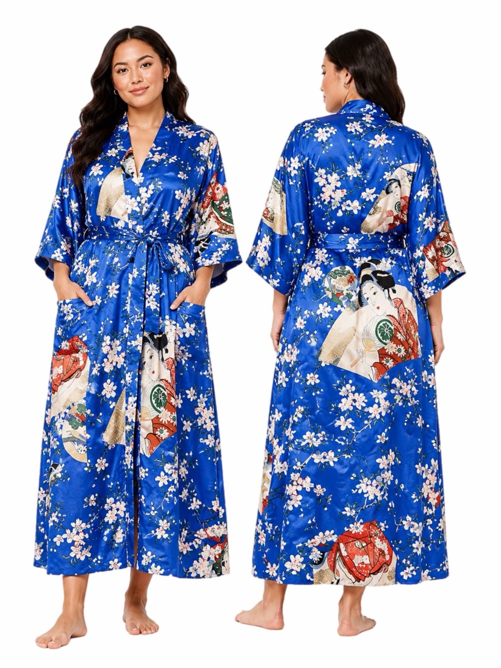 70s European Vintage Geisha Cherry Blossom Maxi Kimono Robe (Blue/Multi) L